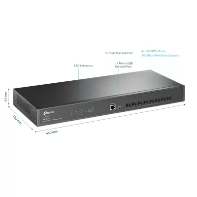 Switch de rede TP-Link TL-SX3008F preto com 8 portas 10G SFP+ e portas de console