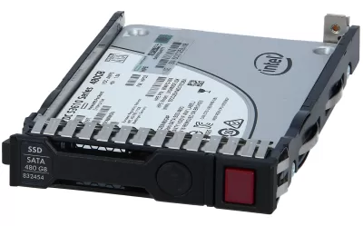 Disco SSD de 480 GB SATA com estrutura metálica e etiqueta branca Intel