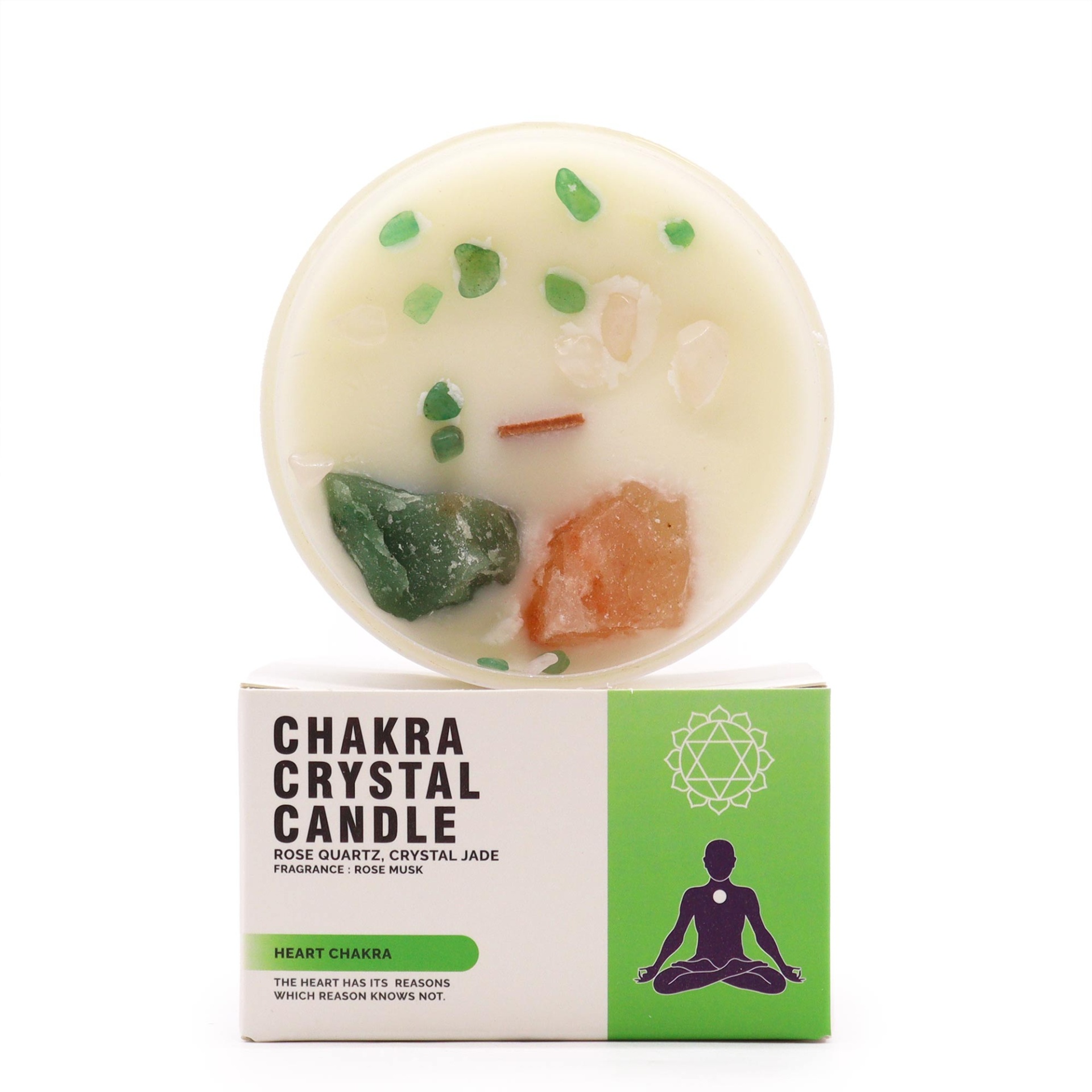 Vela Chakra coração Vela Chakra Crystal Candle com cristais embutidos e caixa verde e branca.