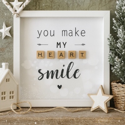 Quadro decorativo branco com texto em inglês e decoração natalícia com estrelas e árvore