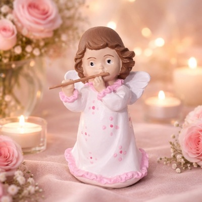 Anjo decorativo com flauta, velas e flores cor-de-rosa