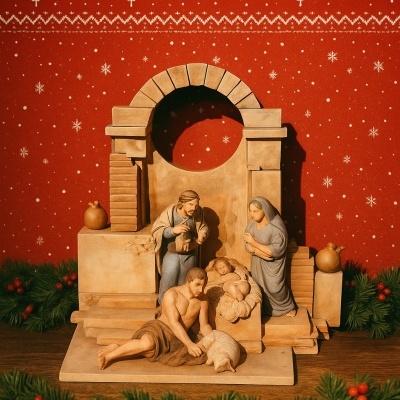 Presépio de Natal com figuras de barro em fundo vermelho decorado com guirlanda