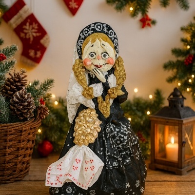 Estátua de boneca com vestido preto e detalhes dourados numa decoração de Natal com luzes e meias suspensas