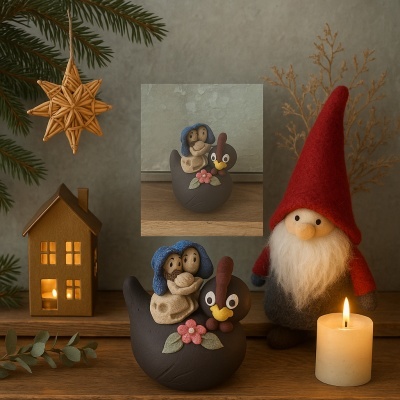 Figurinha de cerâmica casal com ave e decoração natalícia