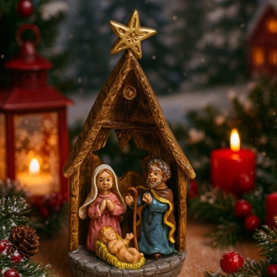 Presépio natalício com figuras do menino Jesus, Maria e José dentro de estábulo de madeira com estrela dourada