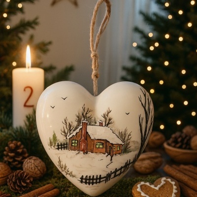 Ornamento de coração branco com pintura de casa de neve e decoração natalícia