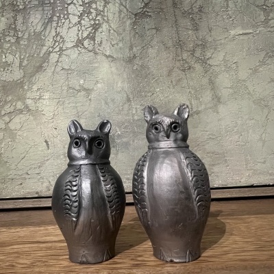Duas corujas decorativas metálicas prateadas sobre madeira