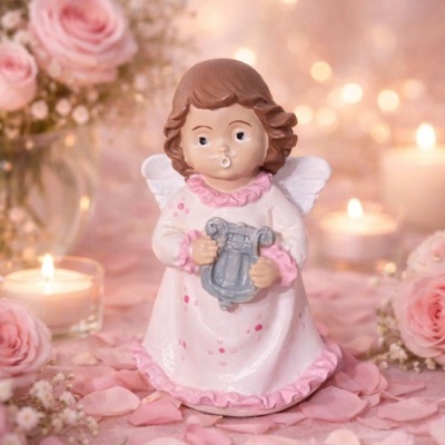 Estatueta de anjo em cerâmica com vestido branco e rosa segurando uma lira cinzenta