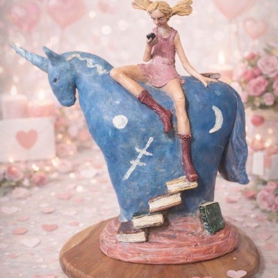 Estátua de menina num unicórnio azul com símbolos brancos em base de madeira, fundo corações rosa.