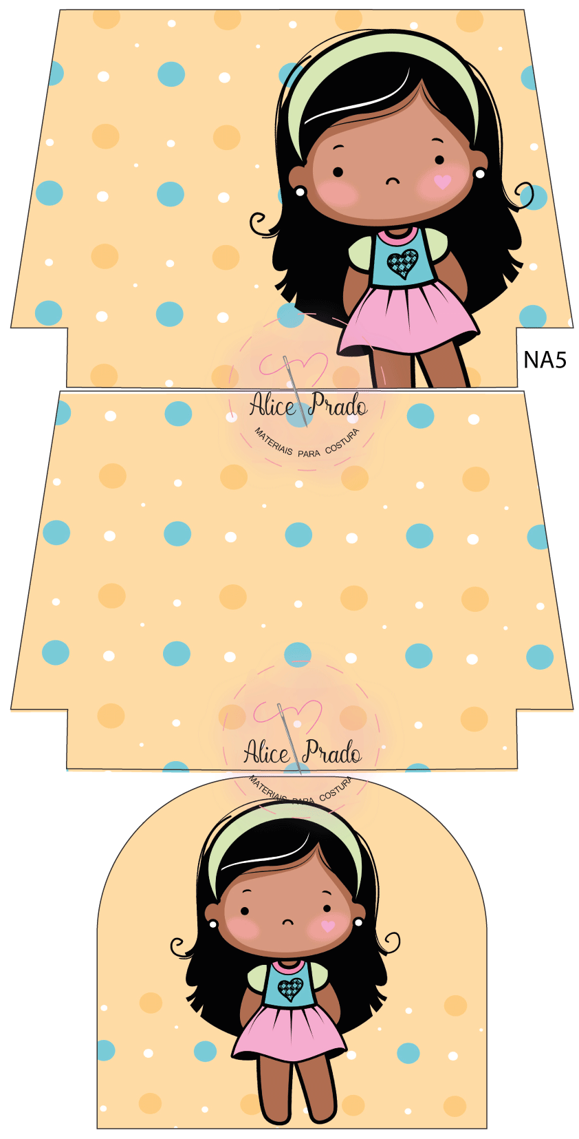 Molde de caixa com desenho de menina e padrão de bolinhas coloridas.