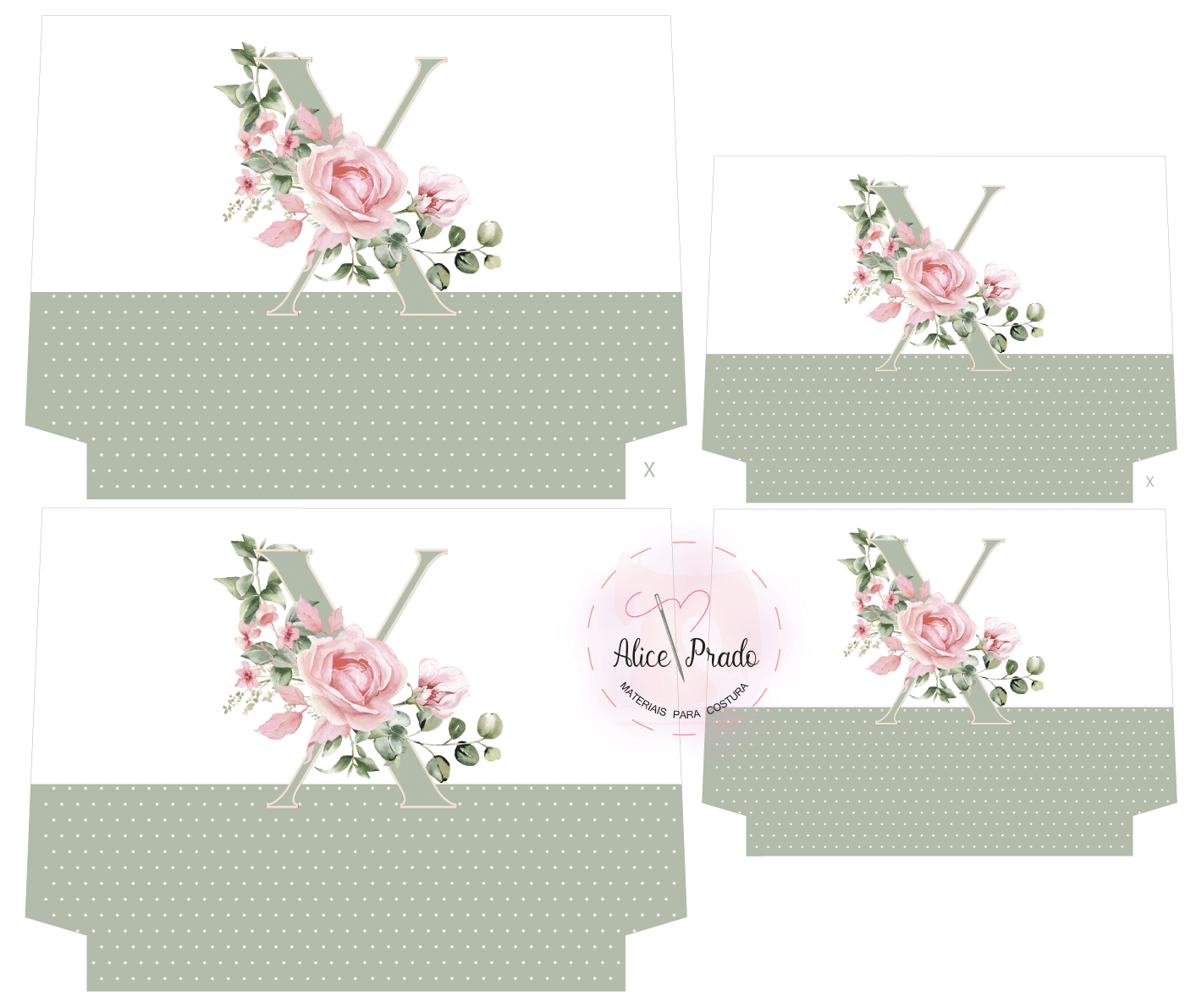 Template de caixa para impressão decorado com letra X e flores cor-de-rosa