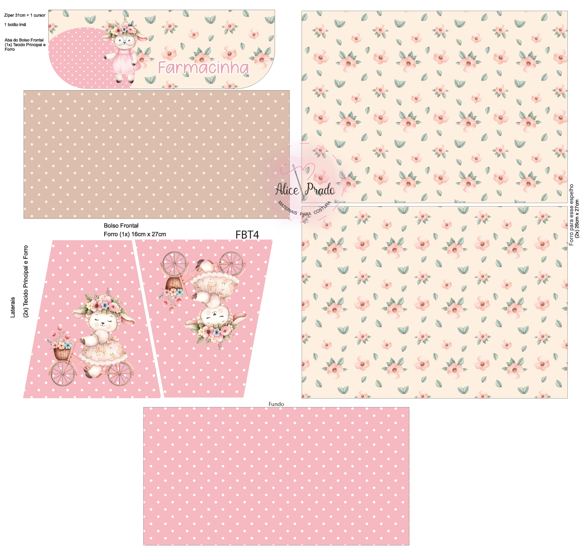 Tecido estampado para bolsa com desenhos de ovelhas, flores, fundo rosa e creme, texto Farmacinha