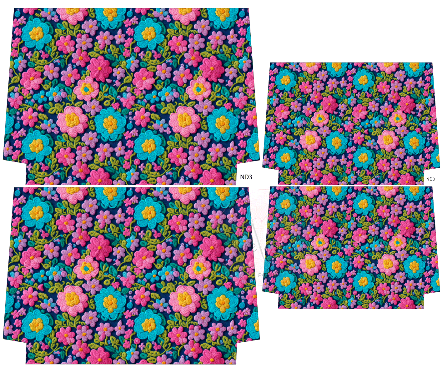 Folhas de papel estampado com padrão floral colorido e números ND3, ND1, ND2 e ND4