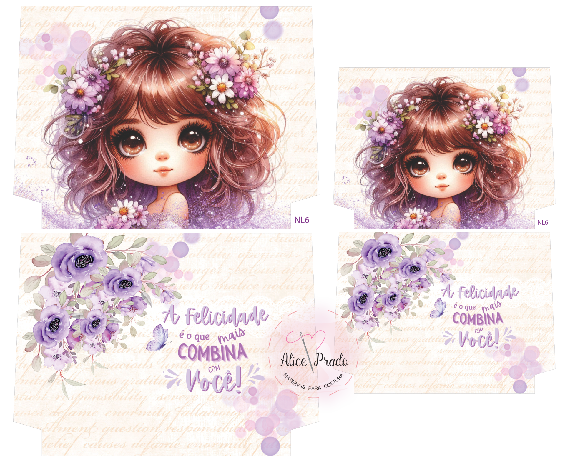 Caixas com ilustração de menina com flores na cabeça e texto motivacional em português.