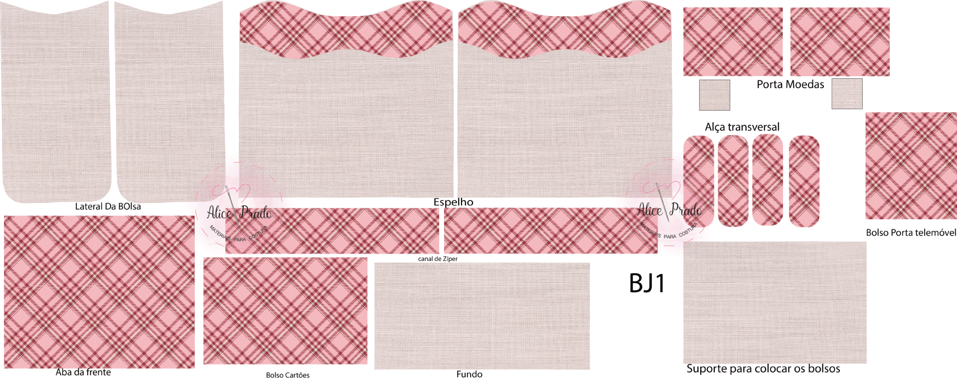 Peças recortadas de tecido para bolsa com padrão xadrez rosa, branco e cinza e etiquetas identificadoras