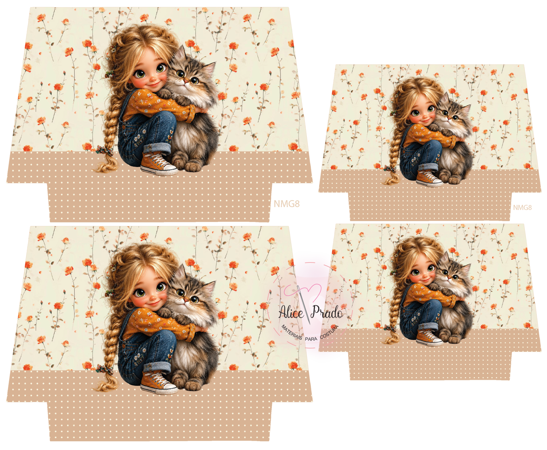 Painel de tecido com rapariga loira e gato, fundo floral creme e bege com bolinhas.