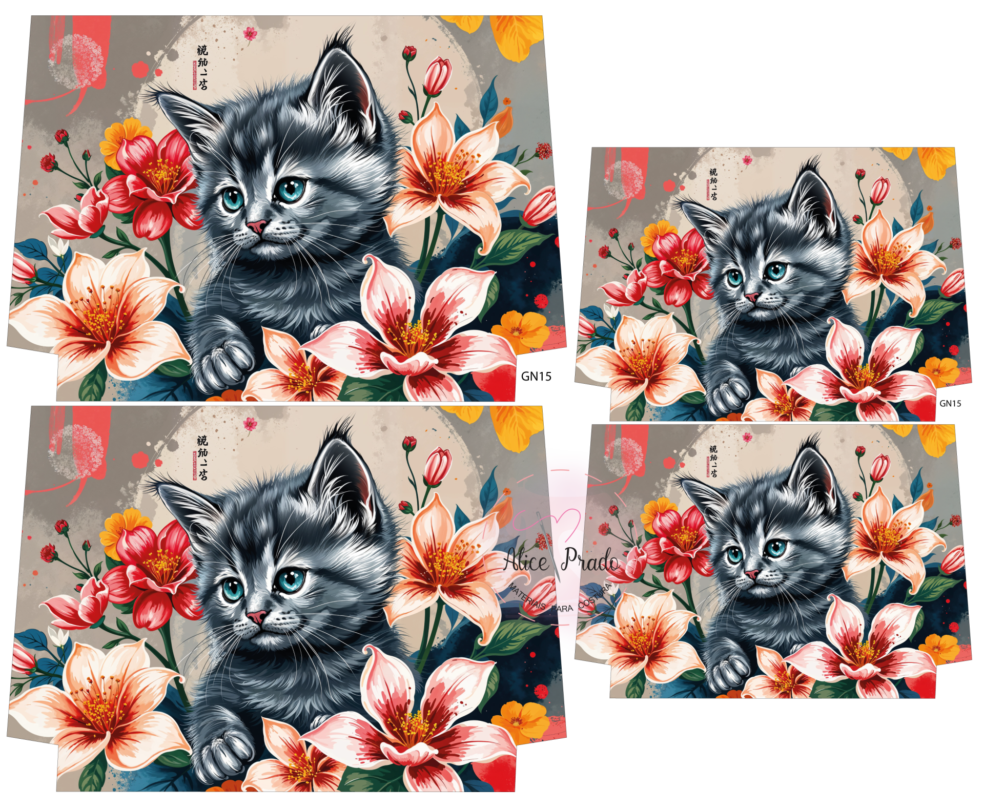 Tecido com padrão digital de gato cinzento entre flores coloridas, fundo cinza com detalhes e texto GN15
