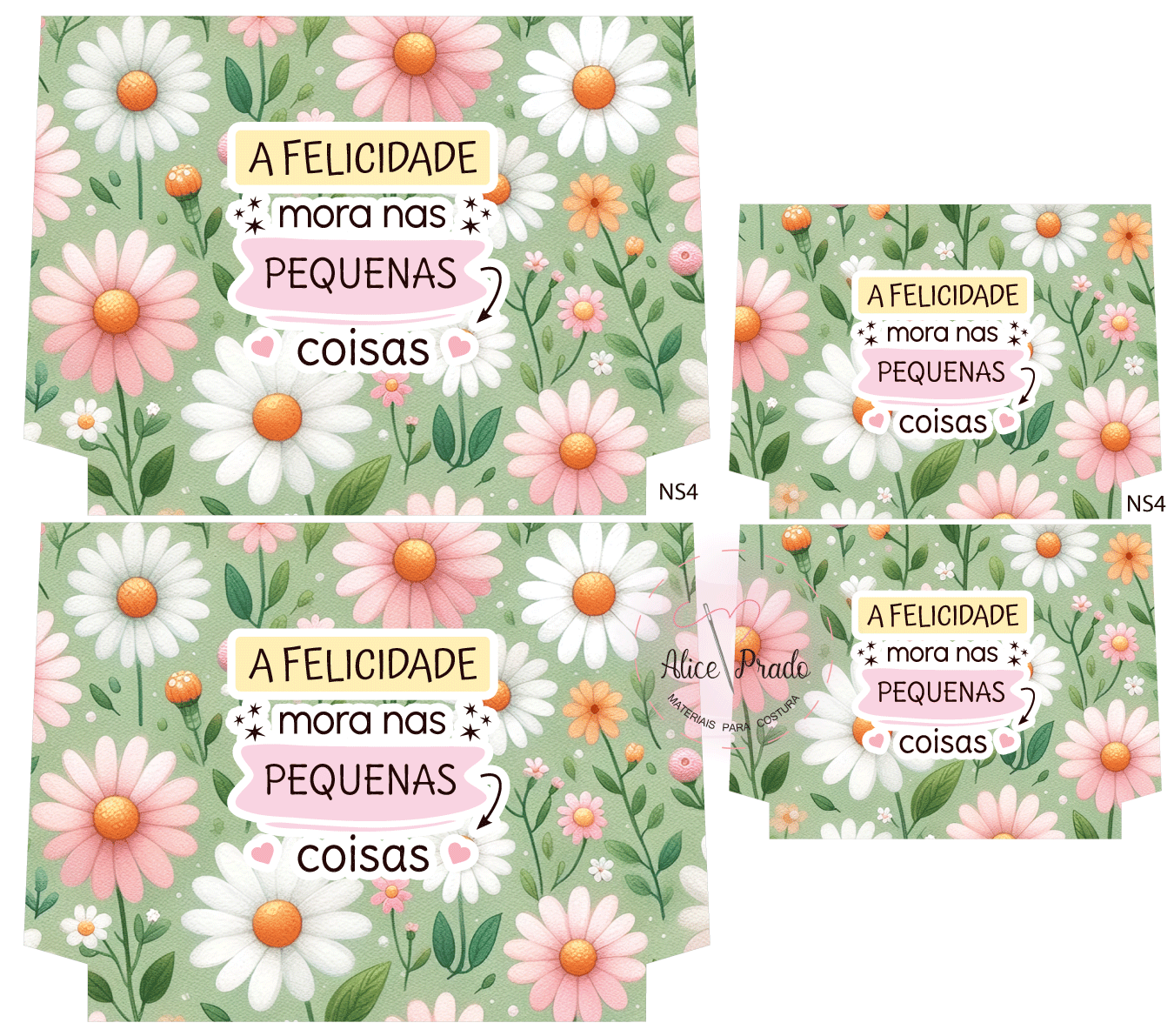 Caixas verdes com flores e texto em português sobre felicidade