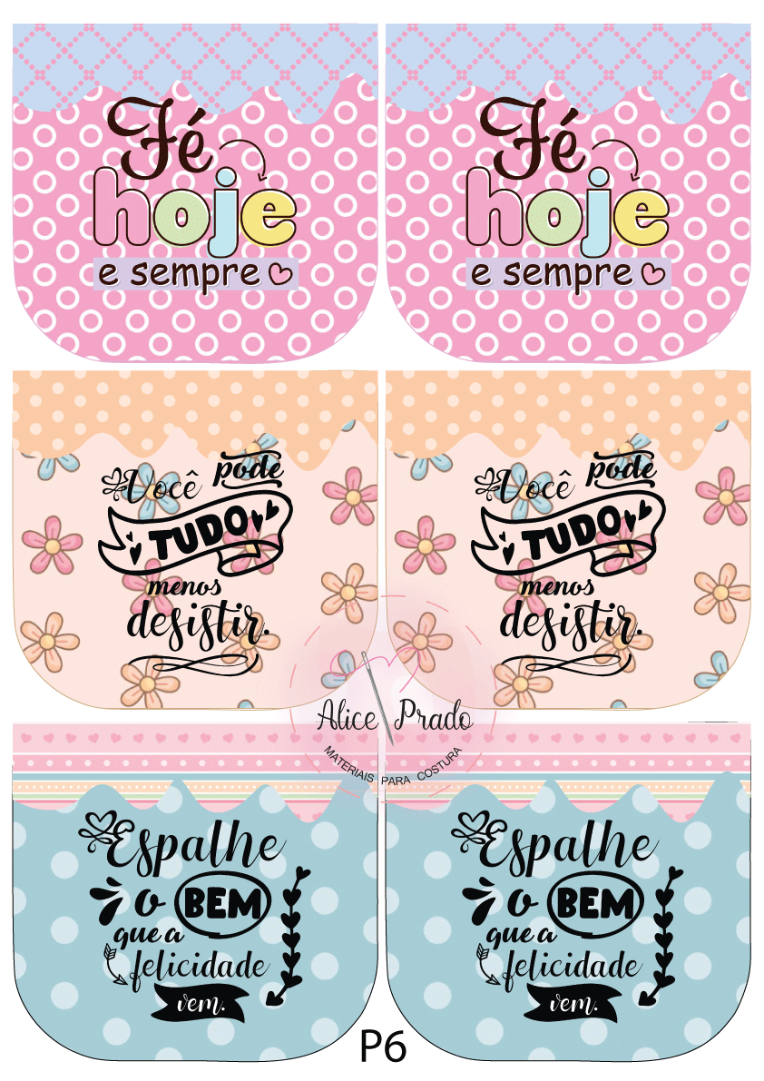 Etiquetas coloridas com frases motivacionais em português e padrões decorativos.