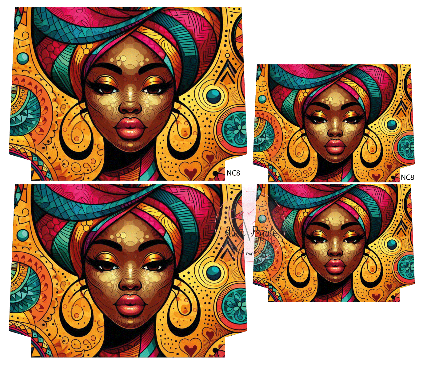 Ilustração colorida do rosto de uma mulher com turbante multicolorido e fundo amarelo com padrões circulares