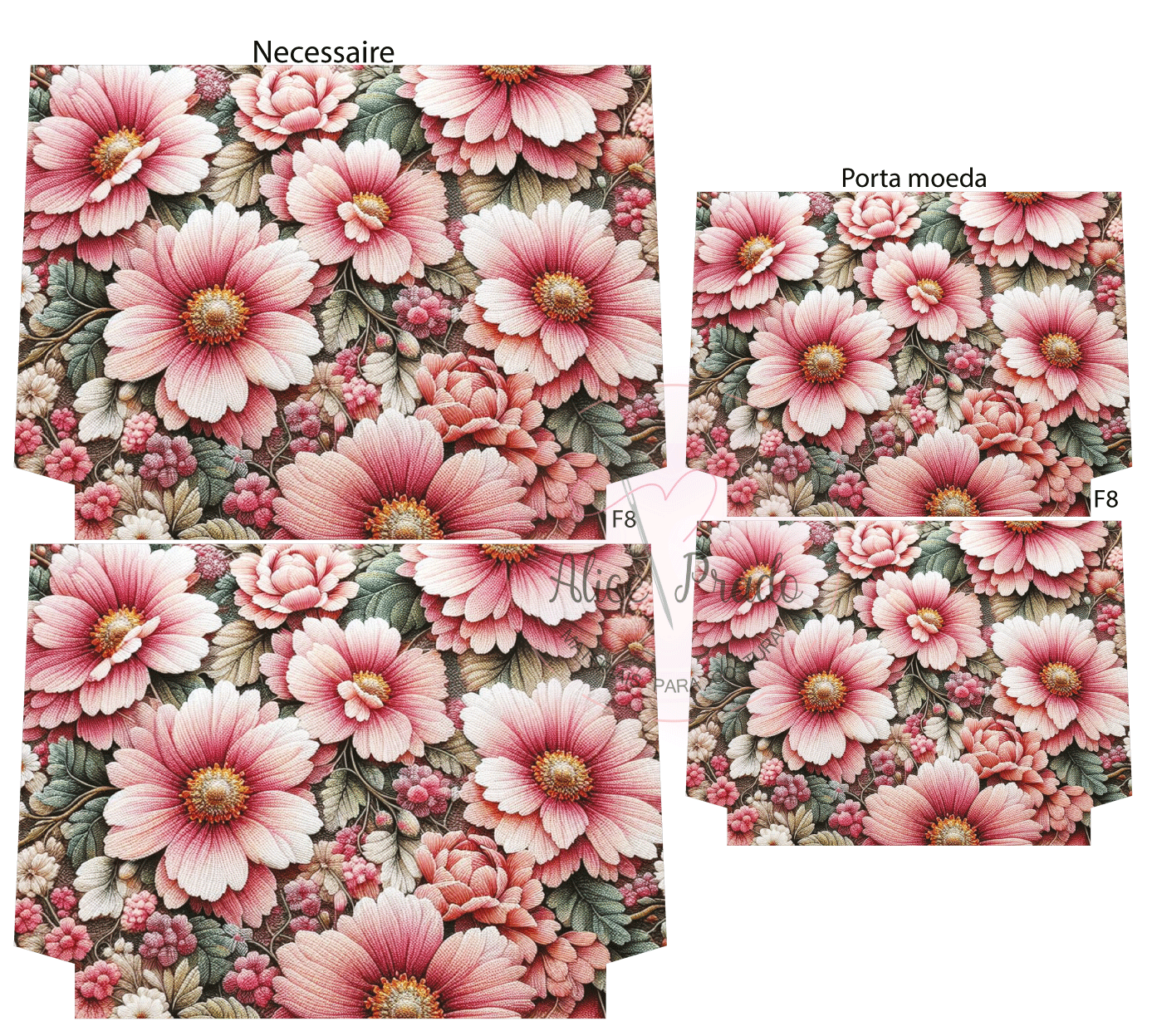 Conjunto necessaire e porta moedas com padrão floral em rosa e verde