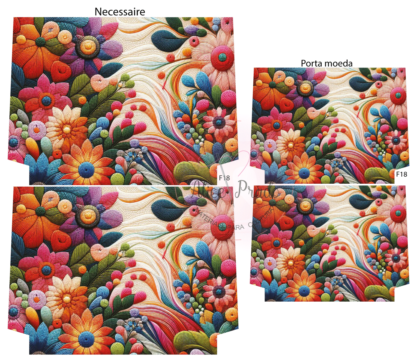 Conjunto necessaire e porta moeda com padrão floral colorido e textura em relevo