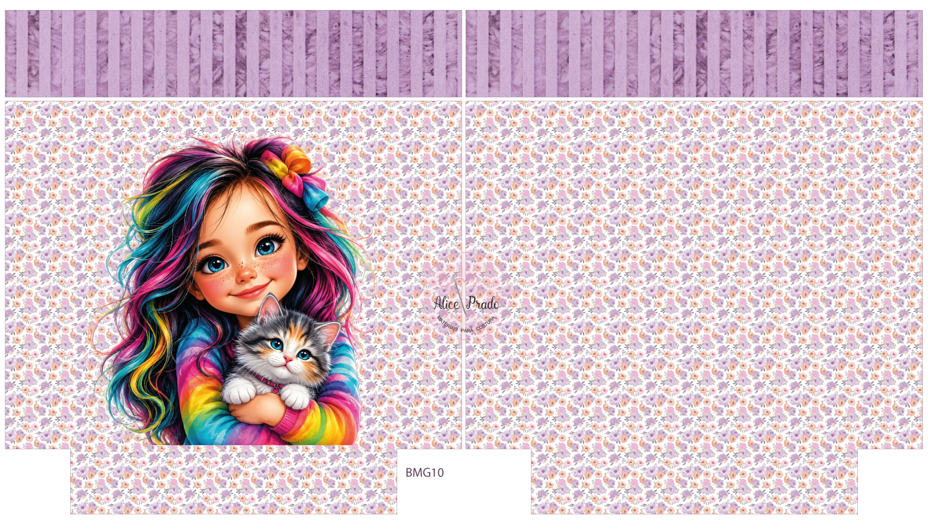 Painel tecido com rapariga colorida e gato em fundo floral lilás.