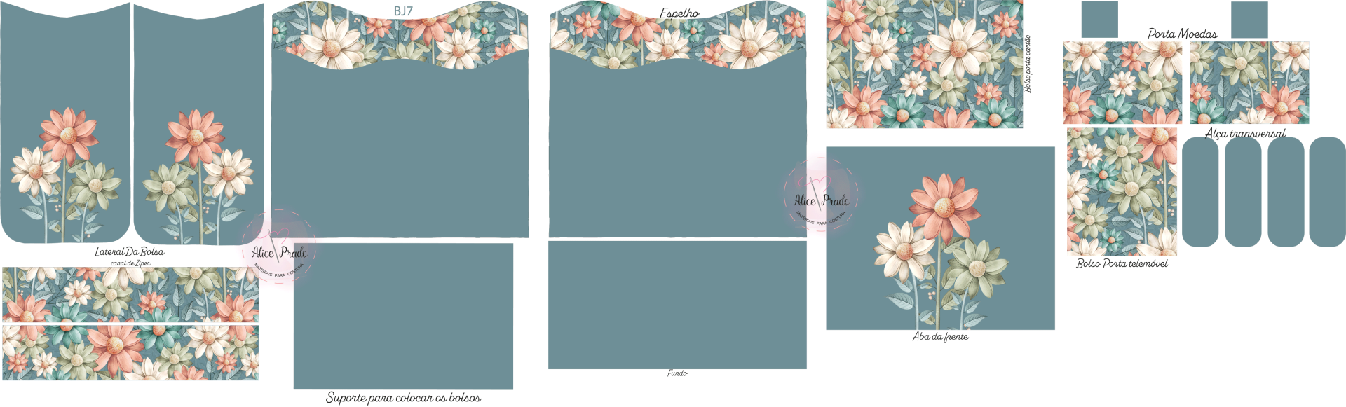 Conjunto gráfico floral em azul, branco e coral para personalização de produtos.