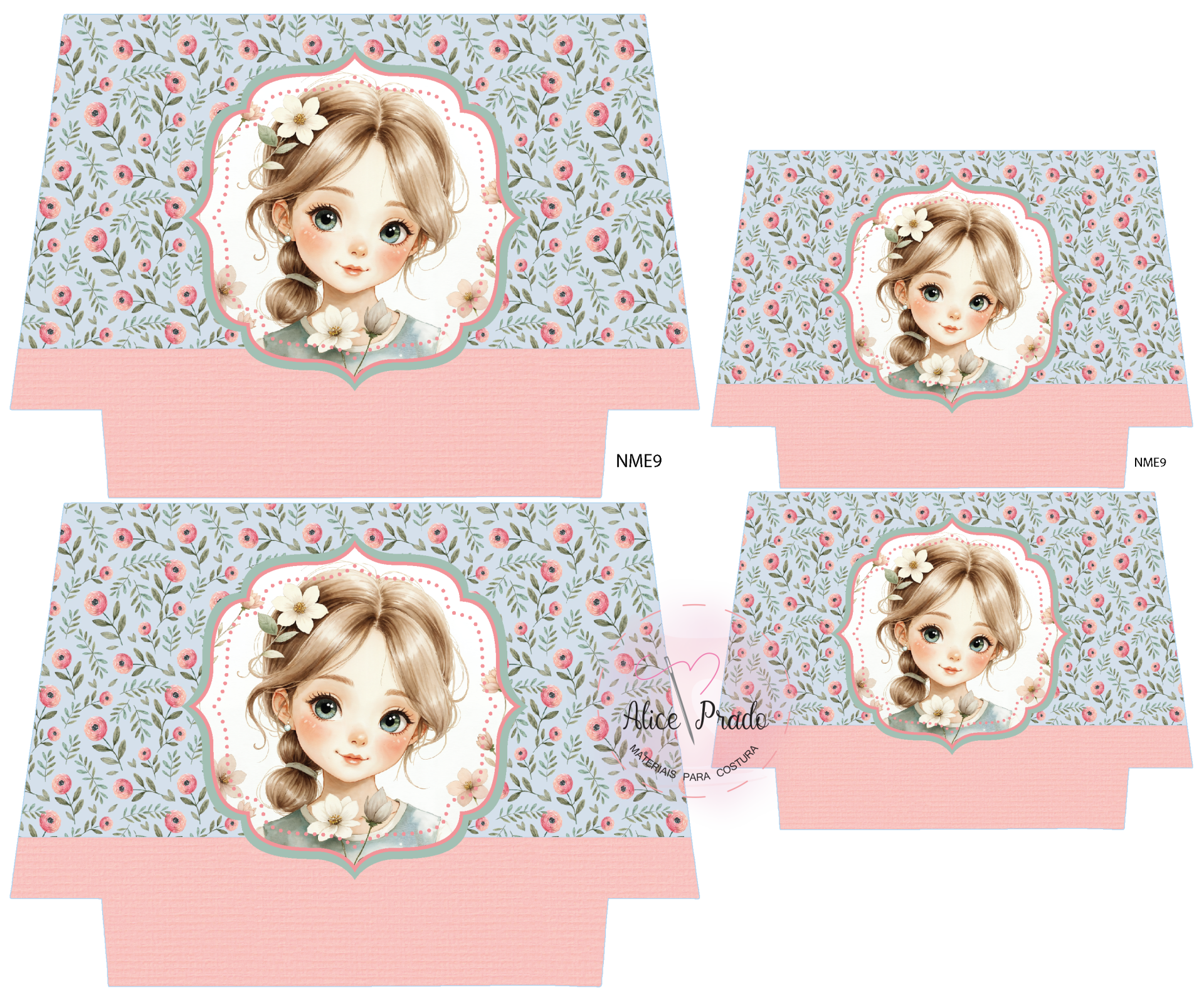 Padrão de papel com ilustração de menina e fundo floral azul e rosa
