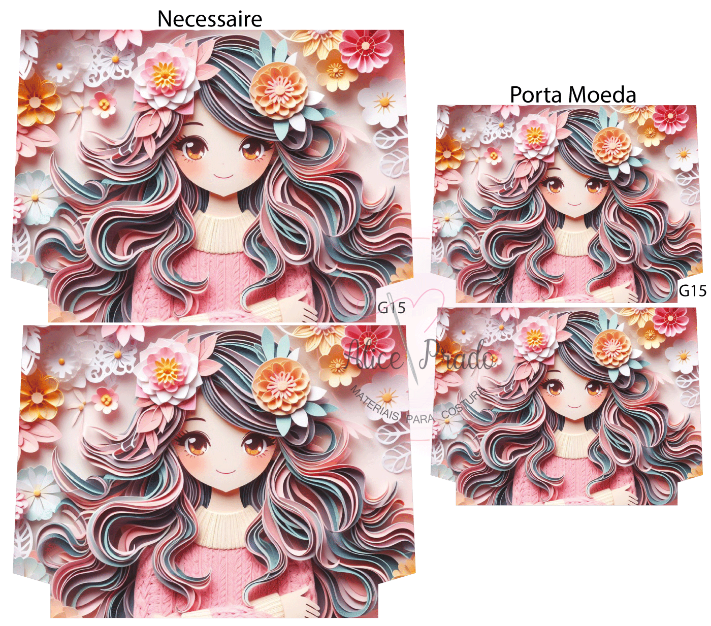 Necessaire, carteira e porta-moedas com ilustração de rapariga e flores em cores rosa e azul