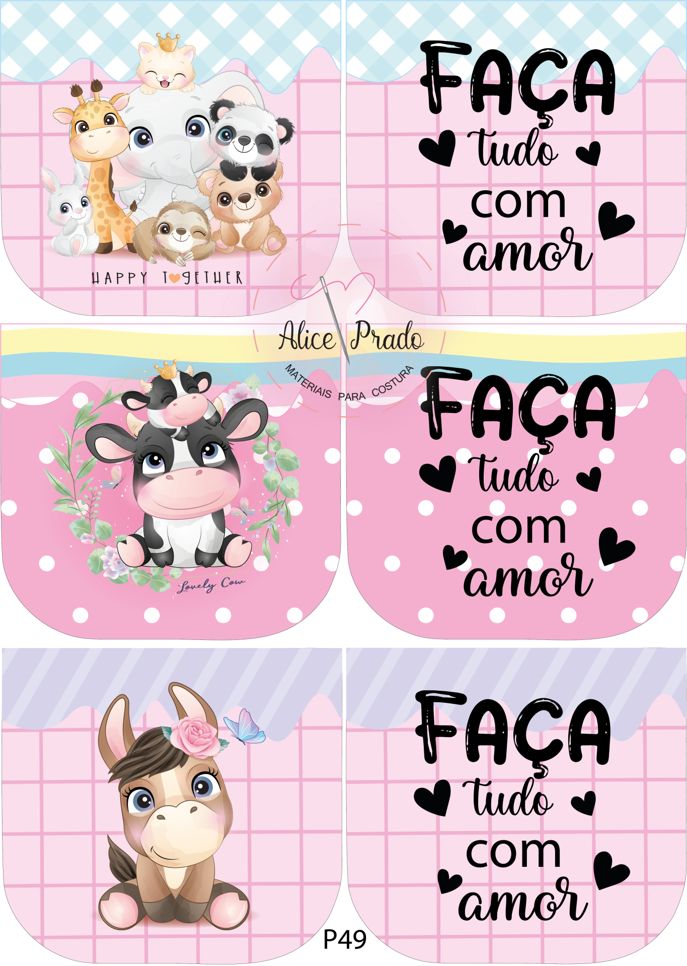 Babetes infantis com desenhos de animais e texto em português 'FAÇA tudo com amor'