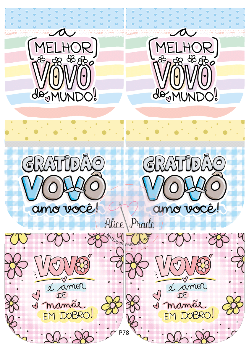 Três pares de desenhos coloridos com mensagens em português para avós, com fundos listrados, xadrez e floridos.