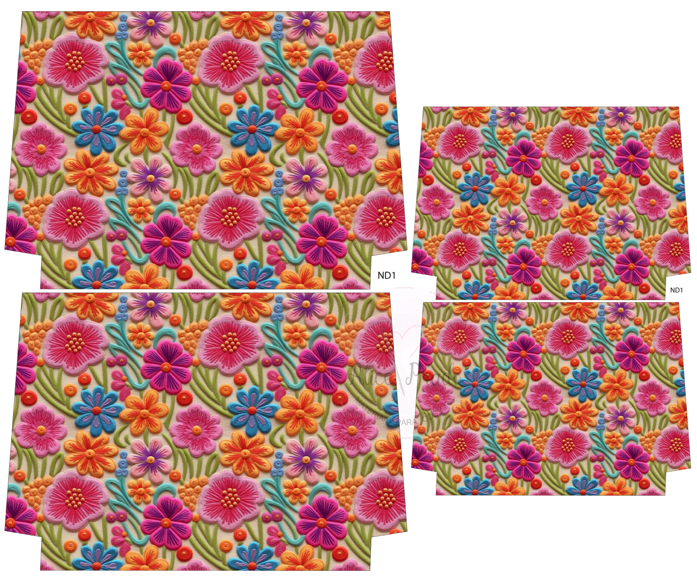 tecido padrão floral colorido com bordados e código ND1