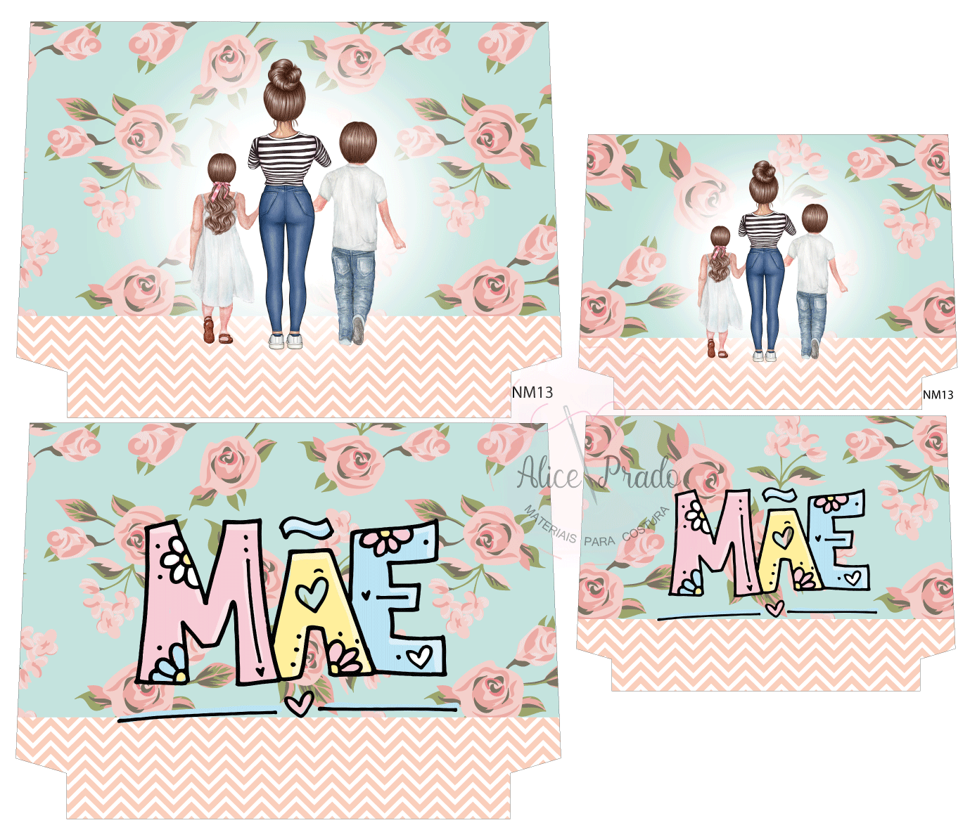 Conjunto decorativo com padrão floral e texto 'MÃE', com ilustração de mãe e filhos
