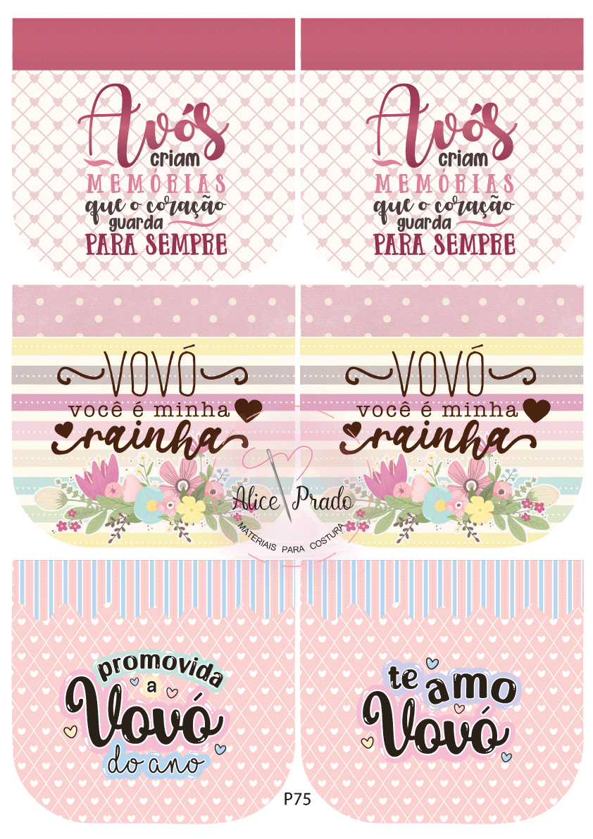 Designs para produtos em tecido com frases sobre avós e padrões florais e de corações