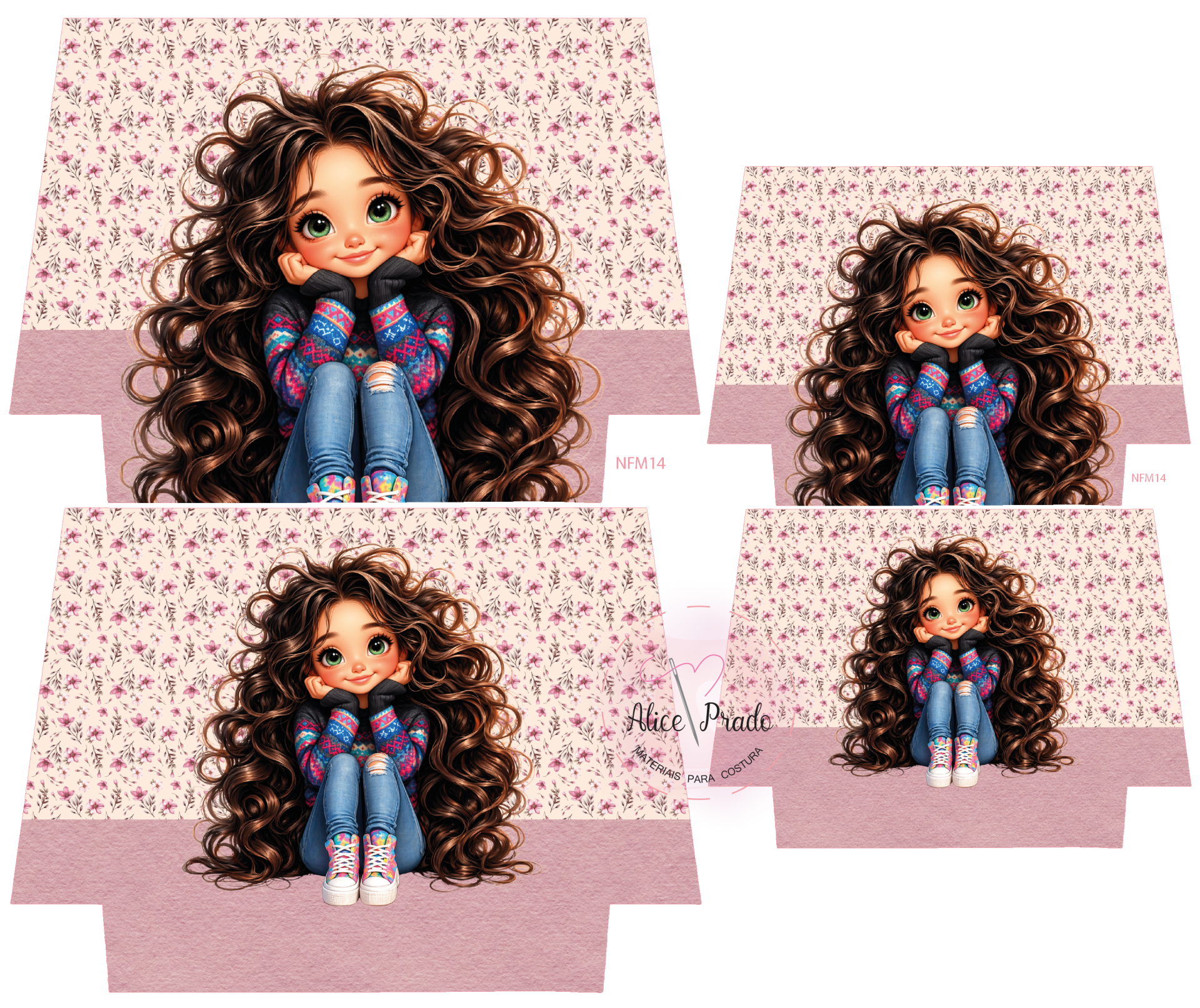 Ilustração de rapariga com cabelo comprido e encaracolado, suéter colorido, jeans rasgados e ténis, fundo floral rosa