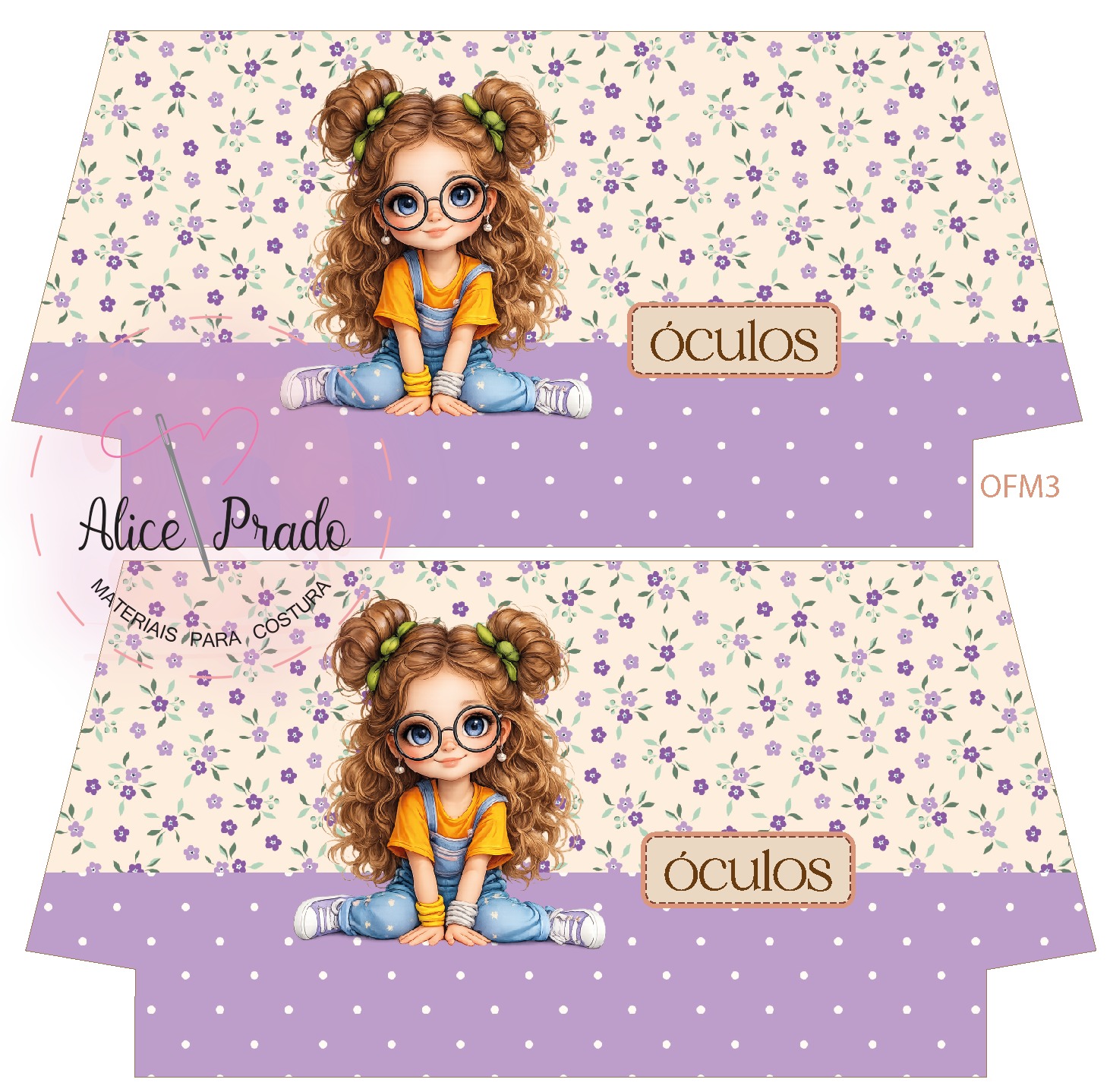 Embalagem decorativa com desenho de menina de cabelos encaracolados e óculos, padrão floral lilás e creme, texto óculos e Alice Prado
