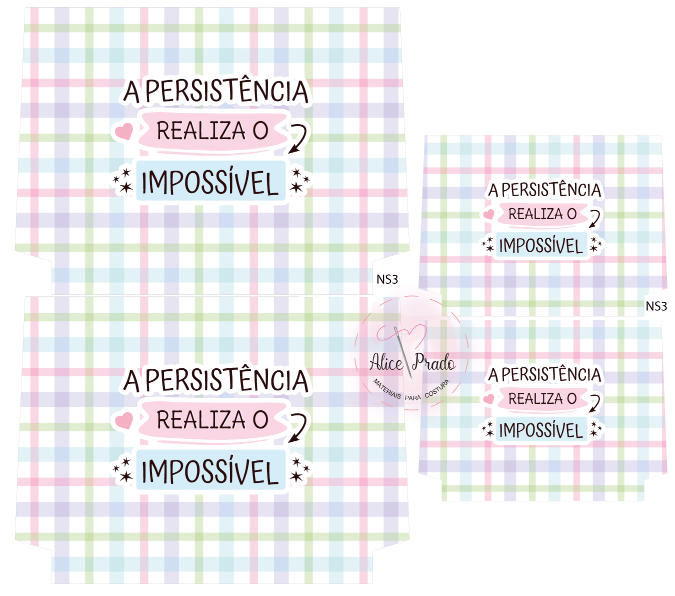 Tecidos coloridos com padrão de grade e texto motivacional em português.