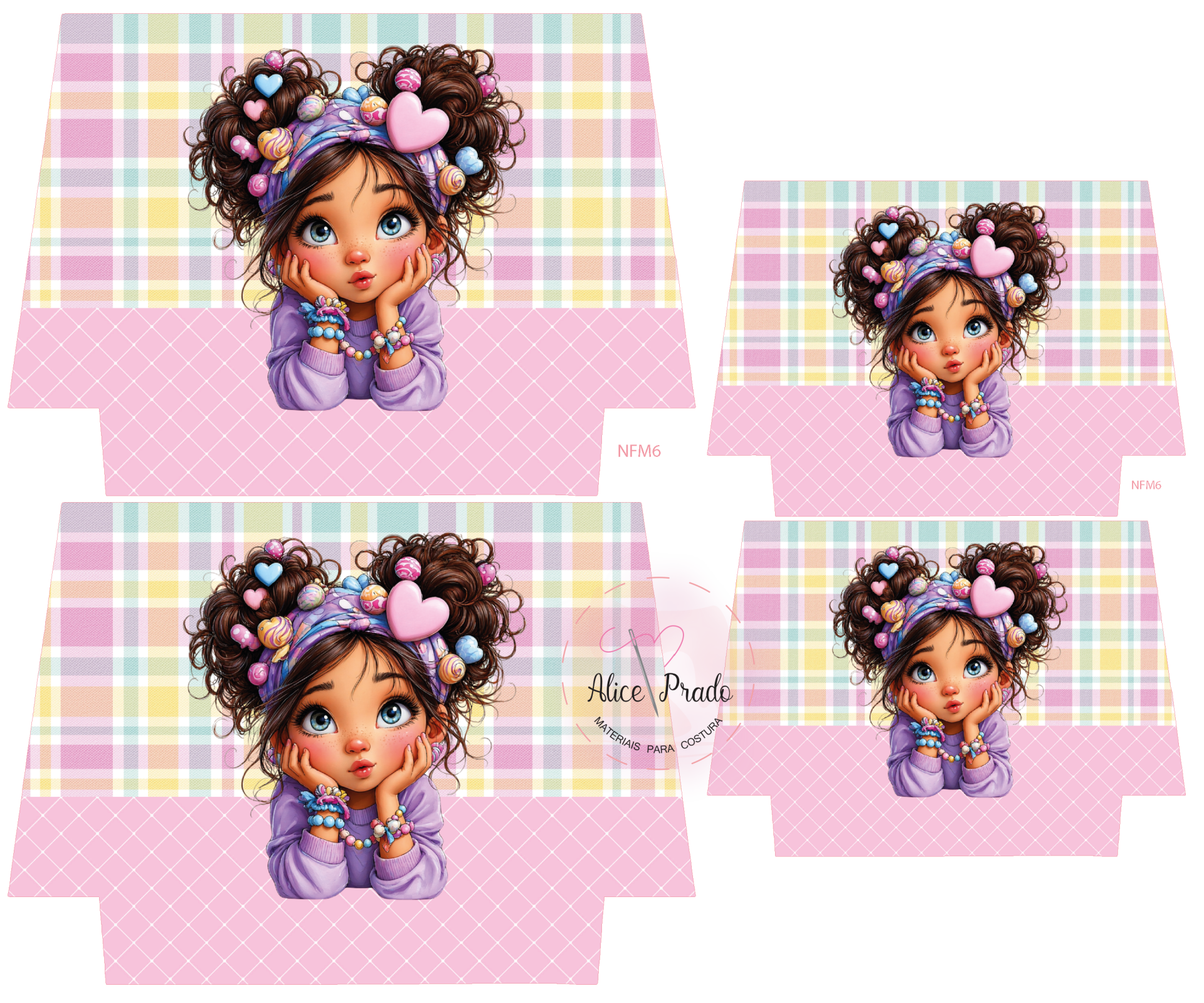 Papel com padrão quadriculado colorido e ilustração de menina com cabelo cacheado e acessórios coloridos