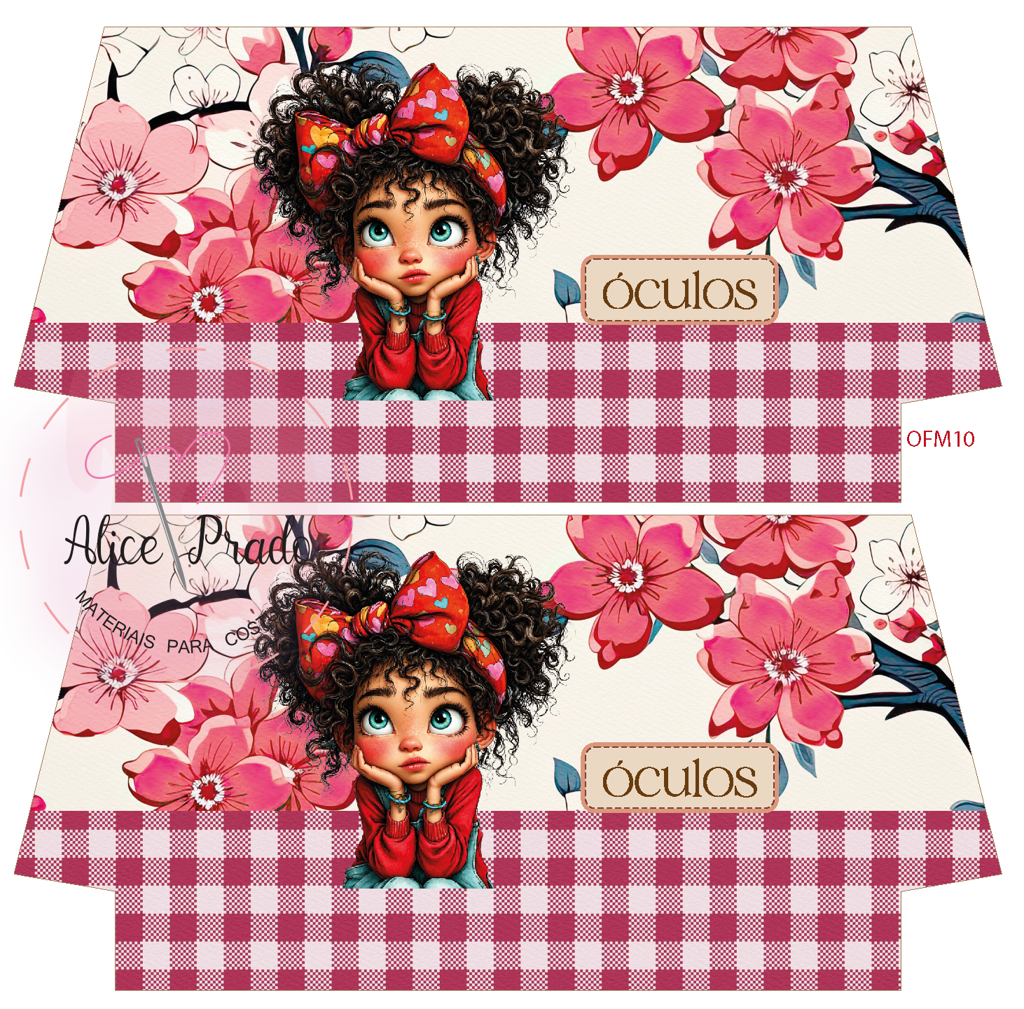 Estojo para óculos tecido com padrão xadrez vermelho, flores rosas e ilustração de menina com laço vermelho