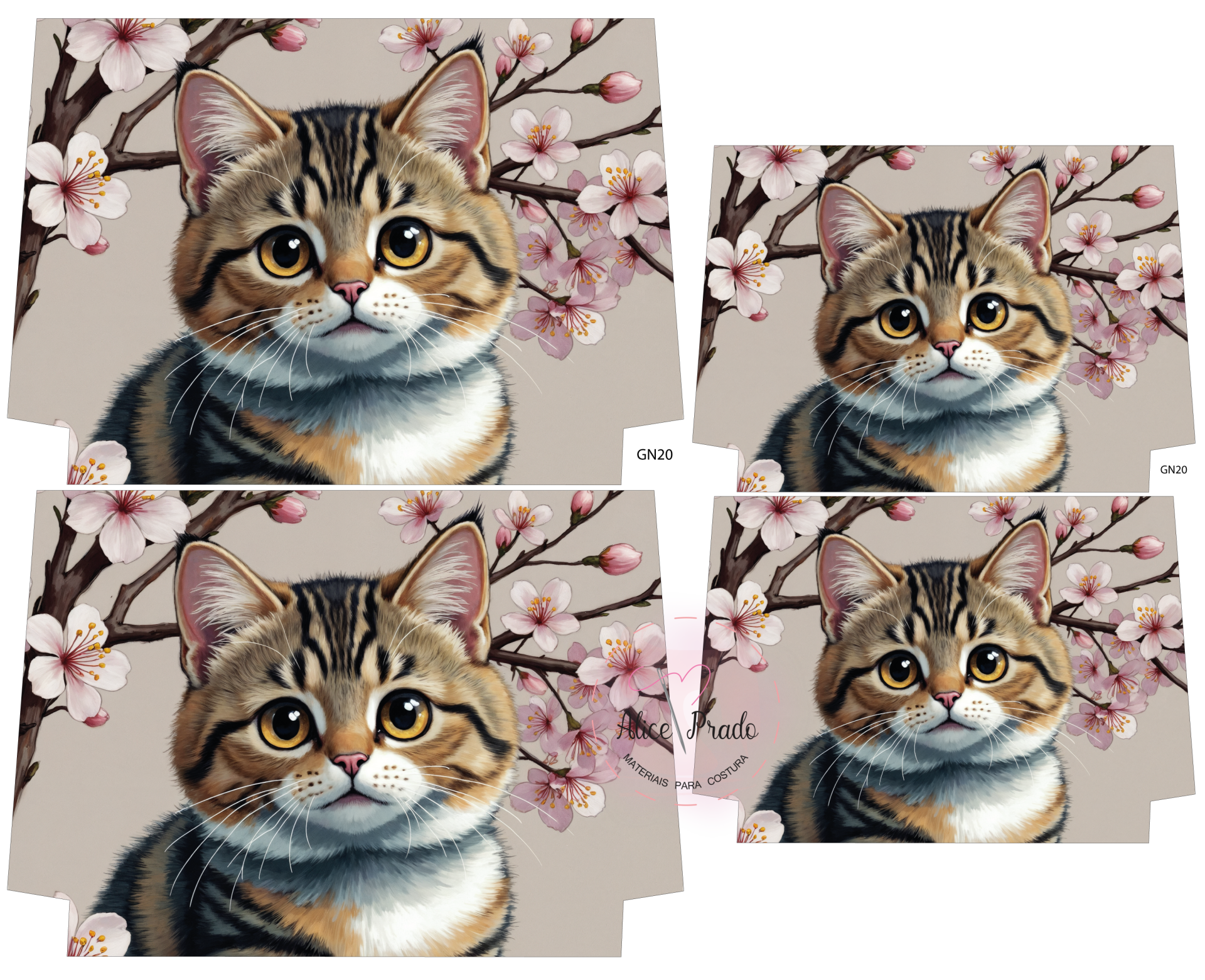 Painéis com imagem de gato com flores de cerejeira ao fundo