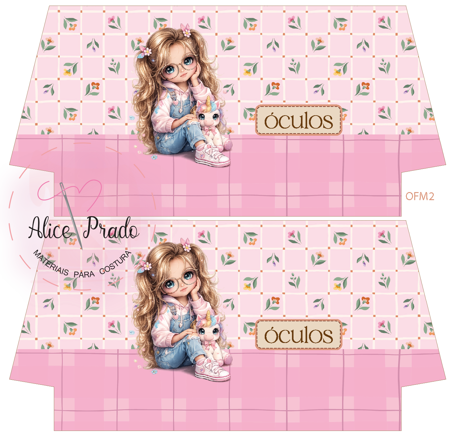 Capa ou organizador para óculos com padrão rosa, flores e ilustração de menina com óculos e unicórnio.