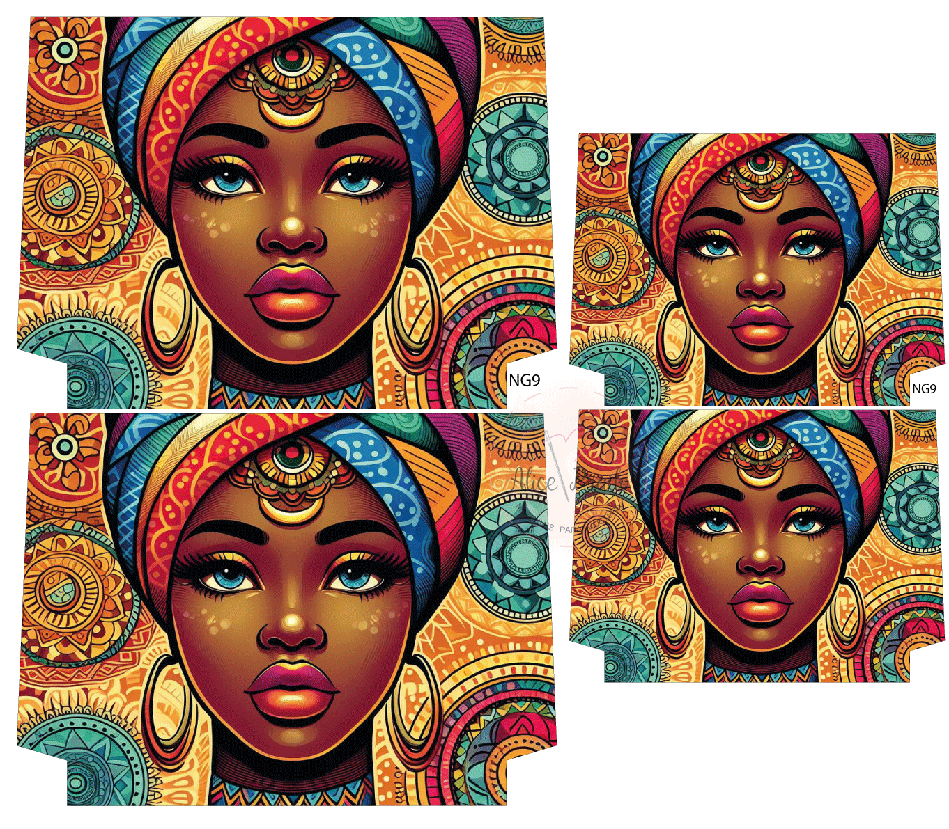 Toalhas com estampa de rosto feminino com turbante colorido e padrões circulares