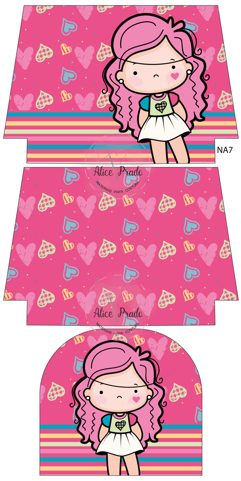 Três pedaços de tecido decorados com corações e desenho de menina com cabelo rosa e vestido branco