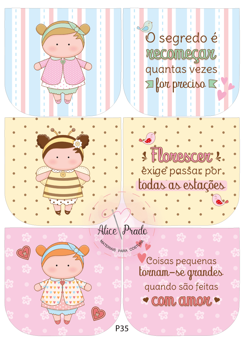 Três pares de ilustrações com bonecas cartoon e frases motivacionais em português com fundos coloridos e padrões variados.