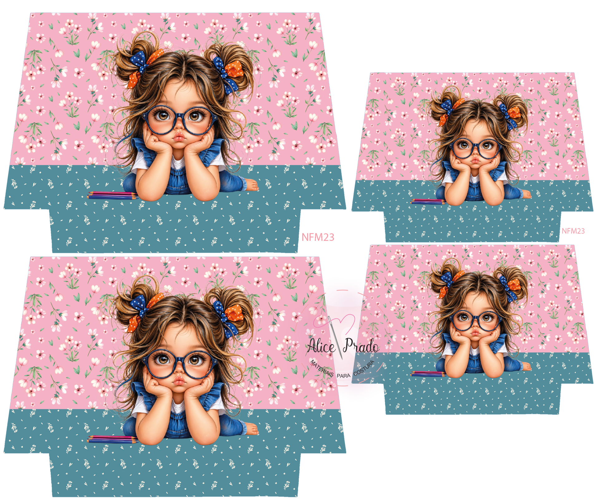 Tecido com padrão de menina e padrão floral fundo rosa e azul