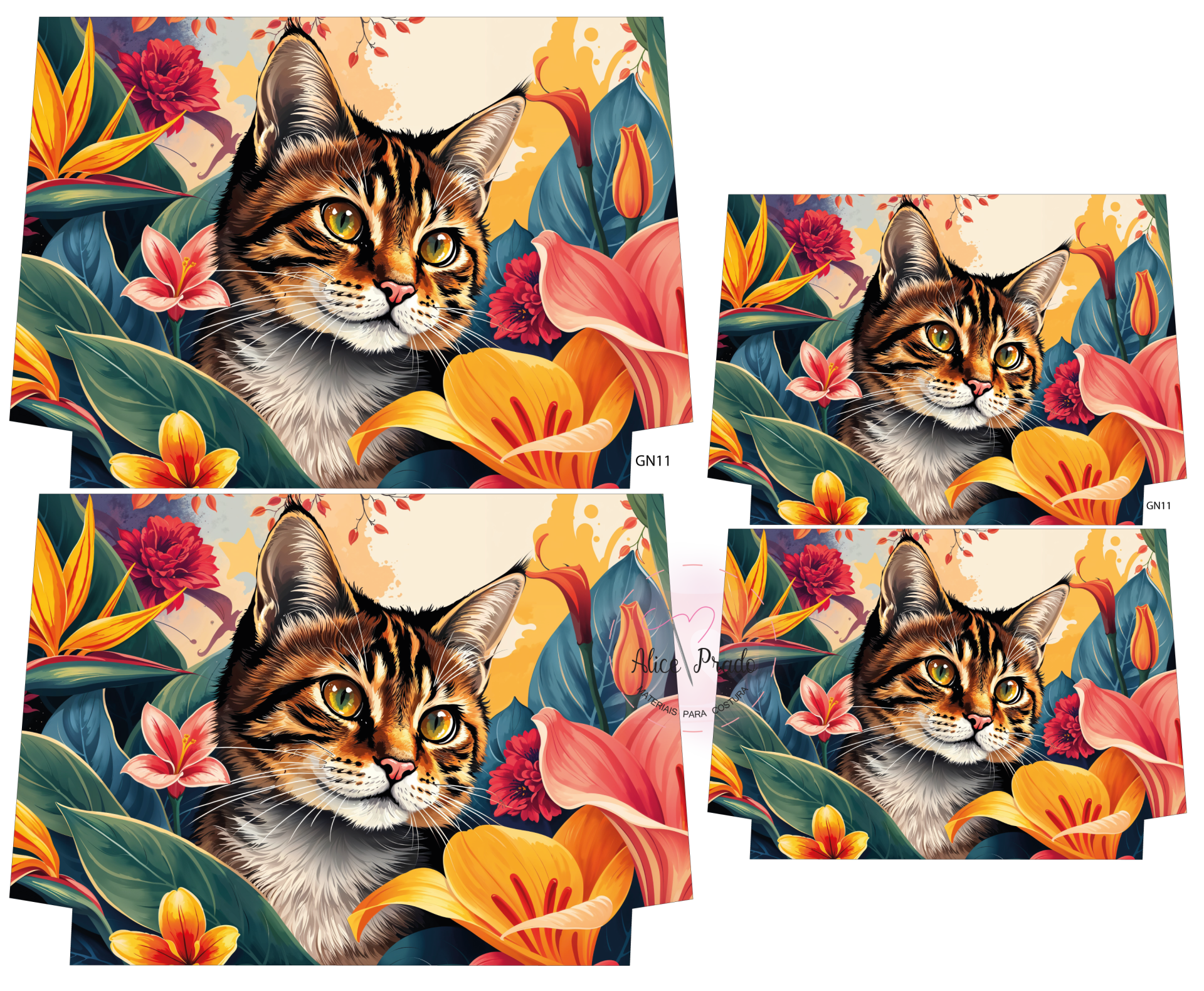 Imagem digital com quatro padrões de impressão de rosto de gato com flores coloridas.