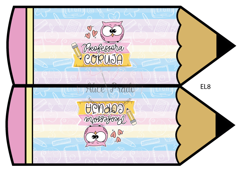 Ilustração de lápis grande com frase Professora Coruja e desenho de coruja