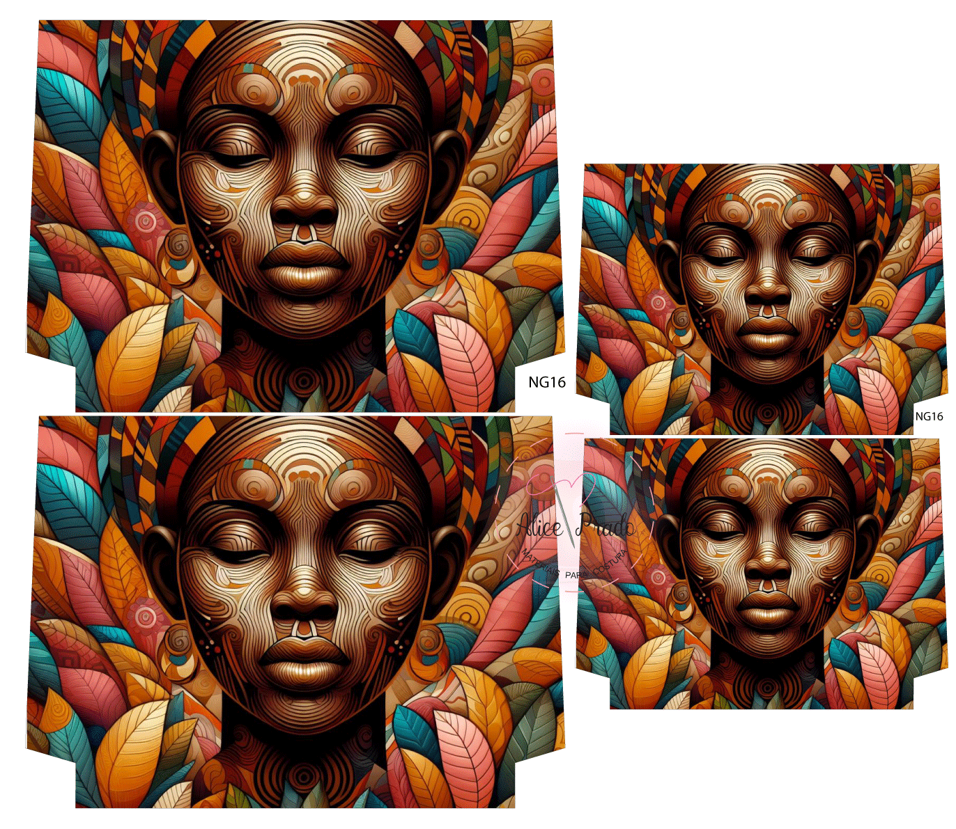 Pinturas digitais de rosto feminino com olhos fechados e folhas coloridas ao redor