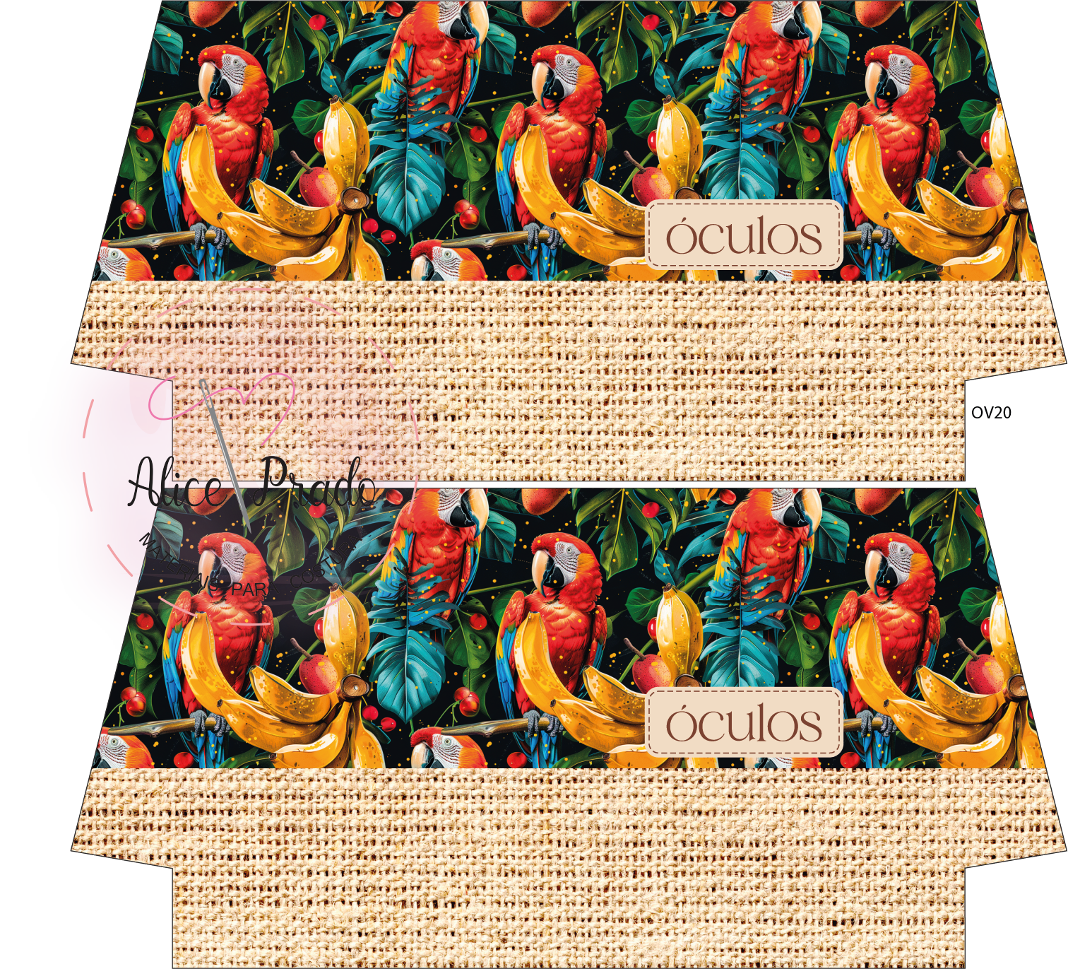 Embalagens coloridas para óculos com padrão de papagaios e bananas e textura de juta
